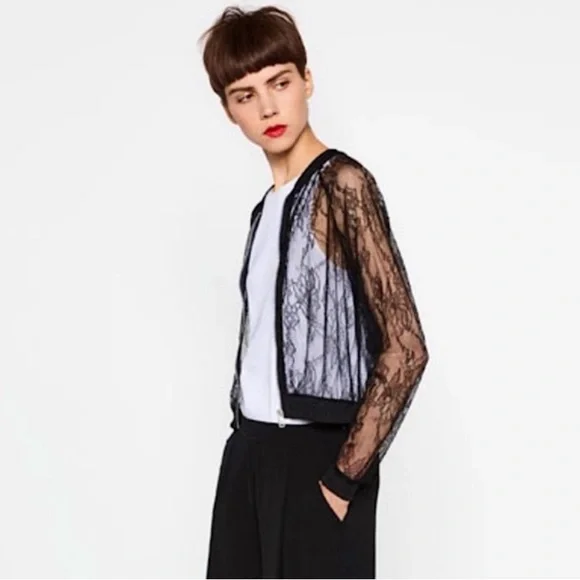 Zara Lace Bomber Jacket black lace small long sleeve - Picture 3 of 12